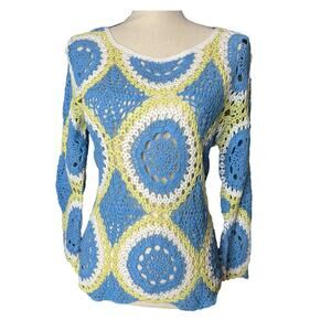Susan Bristol Women's Crochet Sweater in Blue Yellow and White Size PM